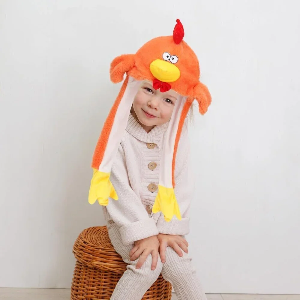 Kids Chicken Animal Hat with Ears Moving Jumping Pop Up Beating Plush Holiday